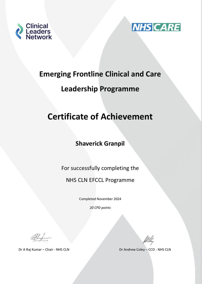 shaveeeerick's tweet photo. Thrilled to share that I have completed the @CLN_NHS - Emerging Frontline Clinical and Care Leadership Programme! This has been an incredible journey of learning, growth, and collaboration to drive meaningful change in healthcare.  #NHSCLN #NHS 1/2 https://t.co/Gv6Gi96DEM