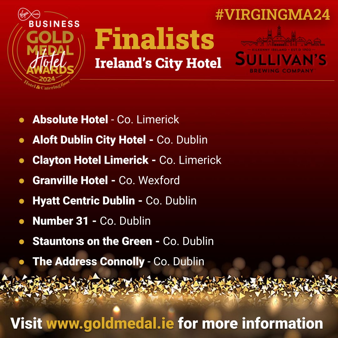 HC_Review's tweet photo. We are delighted to announce the finalists of Ireland’s City Hotel, proudly sponsored by @SullivansBrewCo 

@AloftDublinCity 
@ChanceryDublin 
@GranvilleWford 
@HyattCentricDub 
@collegegreenhd 

For full list of finalists, click here 
https://t.co/9qrihmF3lH
#VIRGINGMA24 https://t.co/6v5pP6vjtM