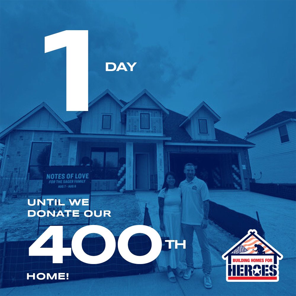 Tomorrow, thanks to our amazing partners, <a href="/HighlandHomesTX/">Highland Homes</a>, <a href="/HillwoodComm/">Hillwood Communities</a>, and <a href="/HarvestTexas/">Harvest by Hillwood</a>, we celebrate a monumental milestone in Argyle, Texas—gifting our 400th mortgage-free home to <a href="/USArmy/">U.S. Army</a> Specialist Joshua Sager and his family!