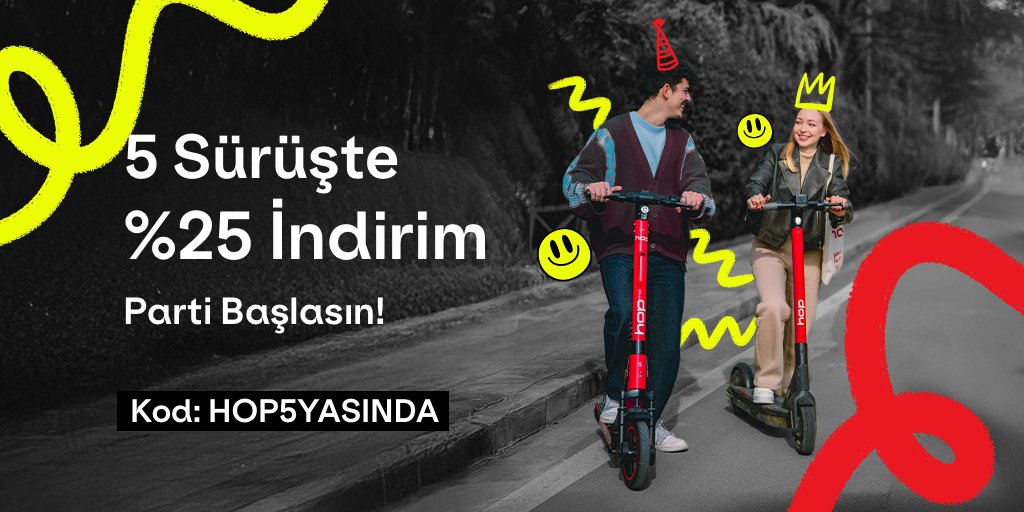 hop_turkiye's tweet photo. 5 yıldır şehrin keyfini birlikte sürdük, şimdi birlikte kutlama zamanı "HOP5YASINDA" kodu ile 5 sürüşte %25 indirim seni bekliyor. 🎁🛴 

Kampanya 01.01.2025 tarihine kadar geçerlidir. https://t.co/WUNR41hDyd