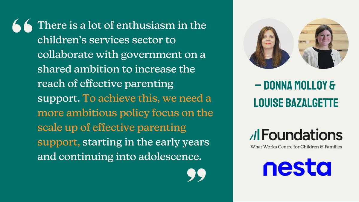 NEW BLOG ✍️ Read our blog by <a href="/donnamolloy_/">Donna Molloy</a> our Deputy Chief Executive, and Louise Bazalgette, <a href="/nesta_uk/">Nesta</a> Deputy Director of the Fairer Start Mission, on transforming access to effective, evidence-based parenting support in the UK. Check it out here: foundations.org.uk/now-is-the-tim…