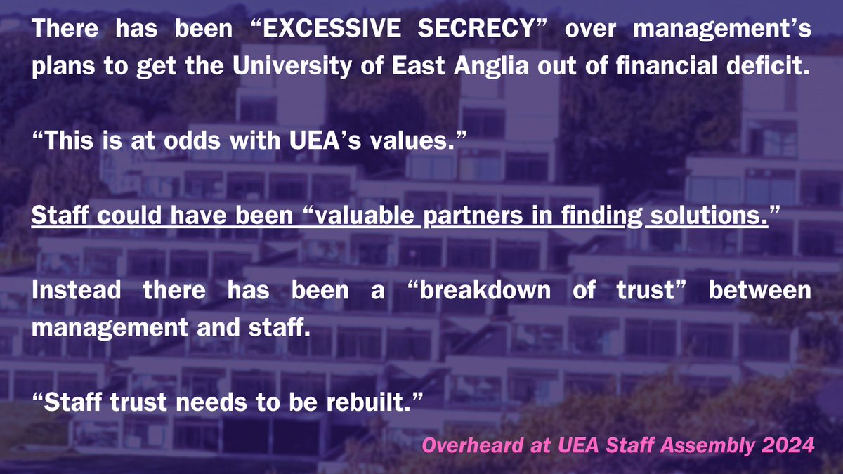 🔁Repost this thread to help share the highlights from this week's Staff Assembly, where the UEA community used its voice LOUD &amp; CLEAR to tell management to change course in its handling of the current crisis. #SaveUEA #UKHE <a href="/ucu/">UCU</a> [1/10]