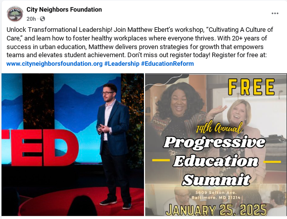 Matthew Ebert (@eberteducation) on Twitter photo āØCome through to <a href="/CityNeighbors/">City Neighbors Foundation</a> Progressive Education Summit!
š I'll be talking about people, #schools, and how to bring humanity into the world of work!
@HumResPro <a href="/bmoreedchat/">BmoreEdchat</a> <a href="/dcarey71/">David Carey</a> <a href="/bojo_mr/">Eric Bojo</a> <a href="/MD_Charters/">MarylandCharters</a> #baltimore #edleaders #teachers #cultureofcare āØCome through to <a href="/CityNeighbors/">City Neighbors Foundation</a> Progressive Education Summit!
š I'll be talking about people, #schools, and how to bring humanity into the world of work!
@HumResPro <a href="/bmoreedchat/">BmoreEdchat</a> <a href="/dcarey71/">David Carey</a> <a href="/bojo_mr/">Eric Bojo</a> <a href="/MD_Charters/">MarylandCharters</a> #baltimore #edleaders #teachers #cultureofcare