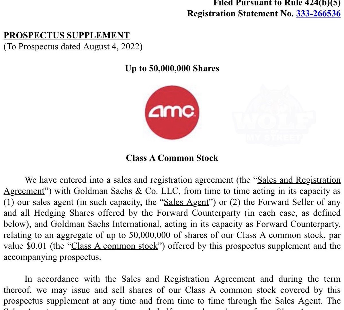 Ryan__Rigg's tweet image. BREAKING: $AMC files to offer up to 50,000,000 shares in new SEC filing this morning

AMC down 11% on the news 

Prospectus: sec.gov/Archives/edgar…

8-K filing: sec.gov/ix?doc=/Archiv…

#AMC