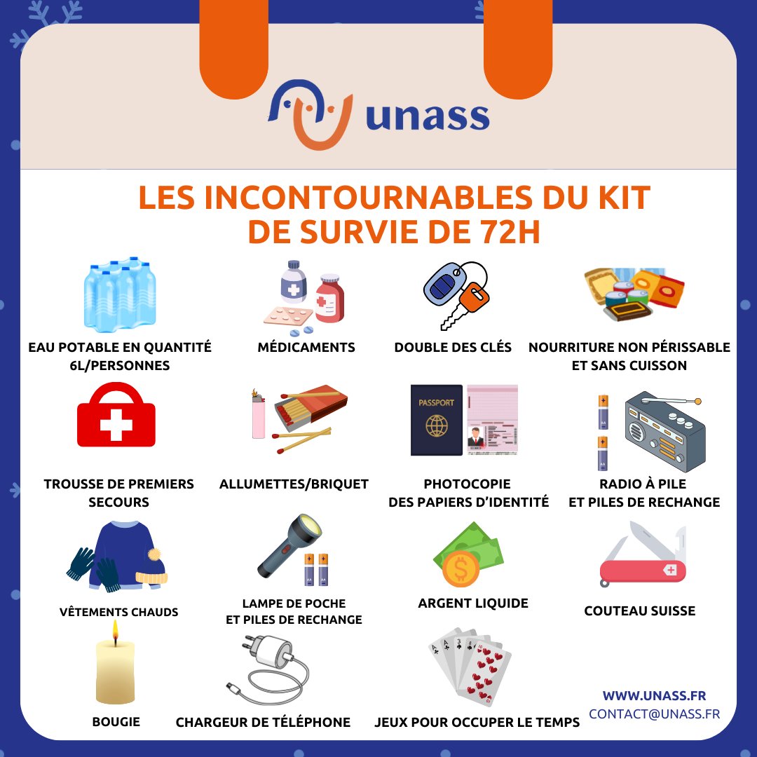 UNASS_fr's tweet photo. Avez-vous votre kit de survie prêt à la maison pour les fêtes ?

Les fêtes de fin d’année peuvent amener leur lot d’imprévus : coupure d’électricité, intempéries perturbant vos déplacements ou situations d’urgence. Un kit de survie peut vraiment faire la différence ! https://t.co/OXjJupah9w