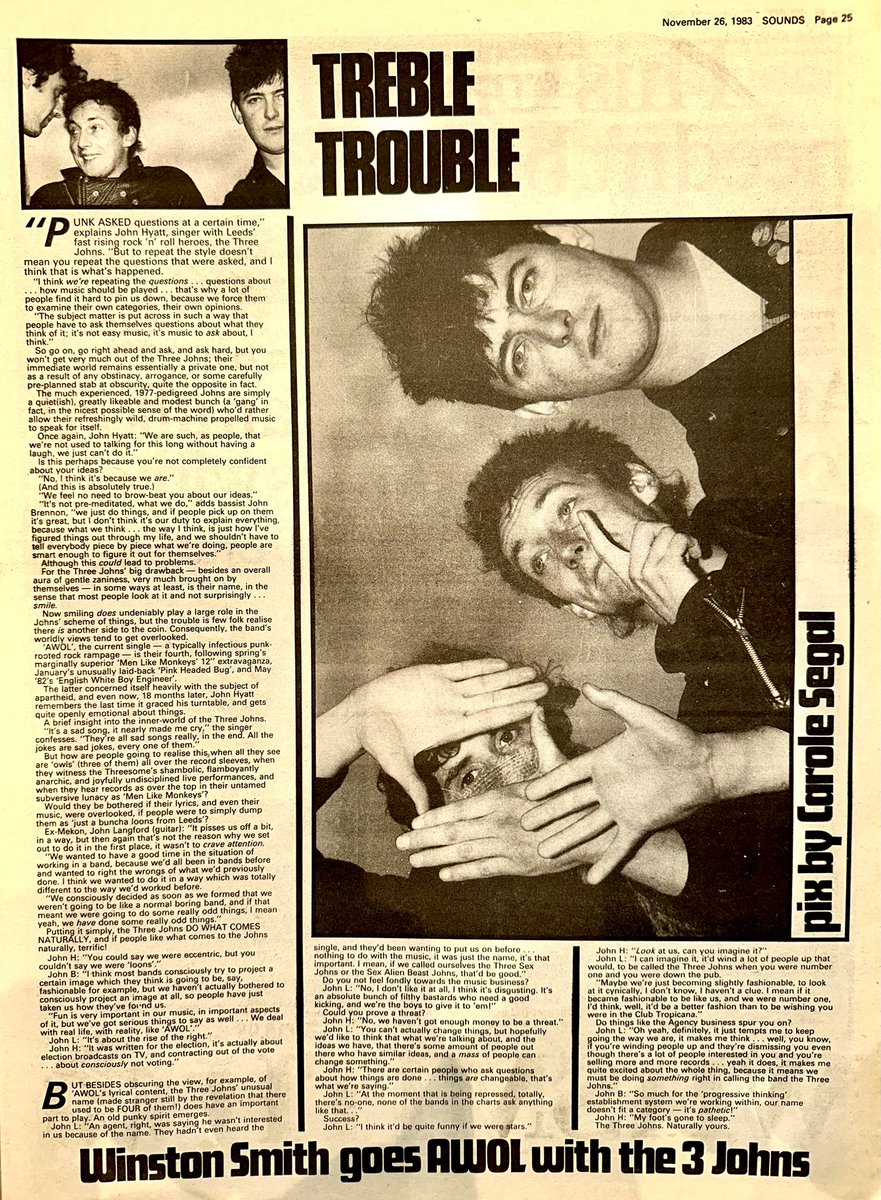 ZoundsAbound's tweet photo. In the features this week, Dave McCullough is excited by the potential of #EasterHouse, Winston Smith talks to the mildly eccentric #TheThreeJohns & Dave Henderson meets up with former @Bauhaustheband1 bass player #DavidJ, to discuss his solo project.
Sounds Nov 26th 1983 https://t.co/iVlHsjHxUK