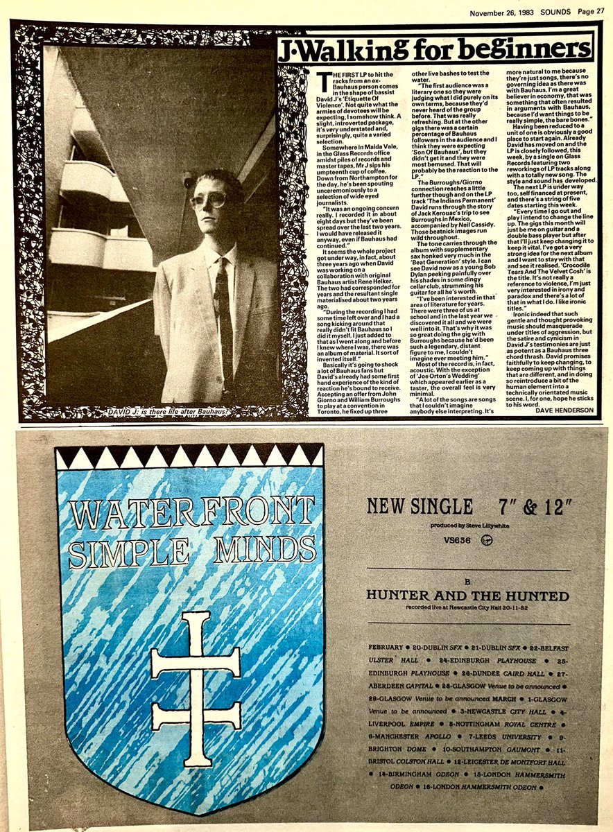 ZoundsAbound's tweet photo. In the features this week, Dave McCullough is excited by the potential of #EasterHouse, Winston Smith talks to the mildly eccentric #TheThreeJohns & Dave Henderson meets up with former @Bauhaustheband1 bass player #DavidJ, to discuss his solo project.
Sounds Nov 26th 1983 https://t.co/iVlHsjHxUK