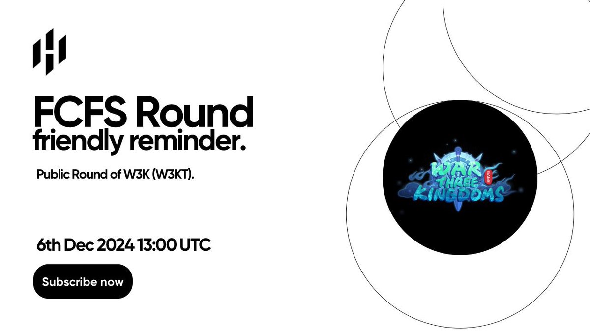 Huostarter's tweet photo. FCFS Round of the #W3KT (@war3kingdom) IDO will commence on Dec 6th, 2024, at 13:00 UTC.    

In this round, it will open for all address

Get #W3KT at a Public Round Price: https://t.co/p3CQTY7Znr https://t.co/8EdT4USLVG