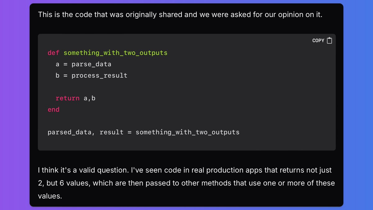 lucianghinda's tweet photo. I read a question that I quickly replied to, but I wanted to expand on my recommendation
#Ruby #Pattern #Return #CodeDesign
What I will share here is an exploration and a proposal about how I think we can improve it: https://t.co/XggcL3ccwj
