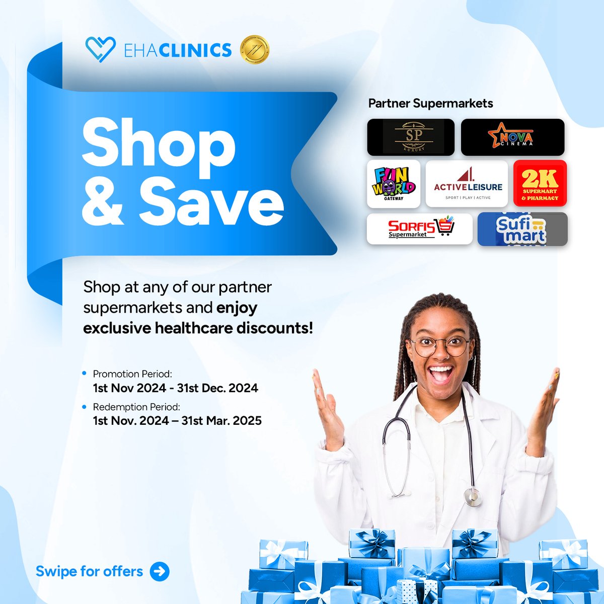 EHAClinics's tweet photo. It’s the season of giving, and we have plenty of gifts for you! 

Shop at any of our partner businesses and win huge discounts on select services at EHA Clinics. 

These offers are valid until the end of March 2024! 

So, start shopping now, and enjoy the rewards. 

#Christmas https://t.co/u8CWU5qQNZ