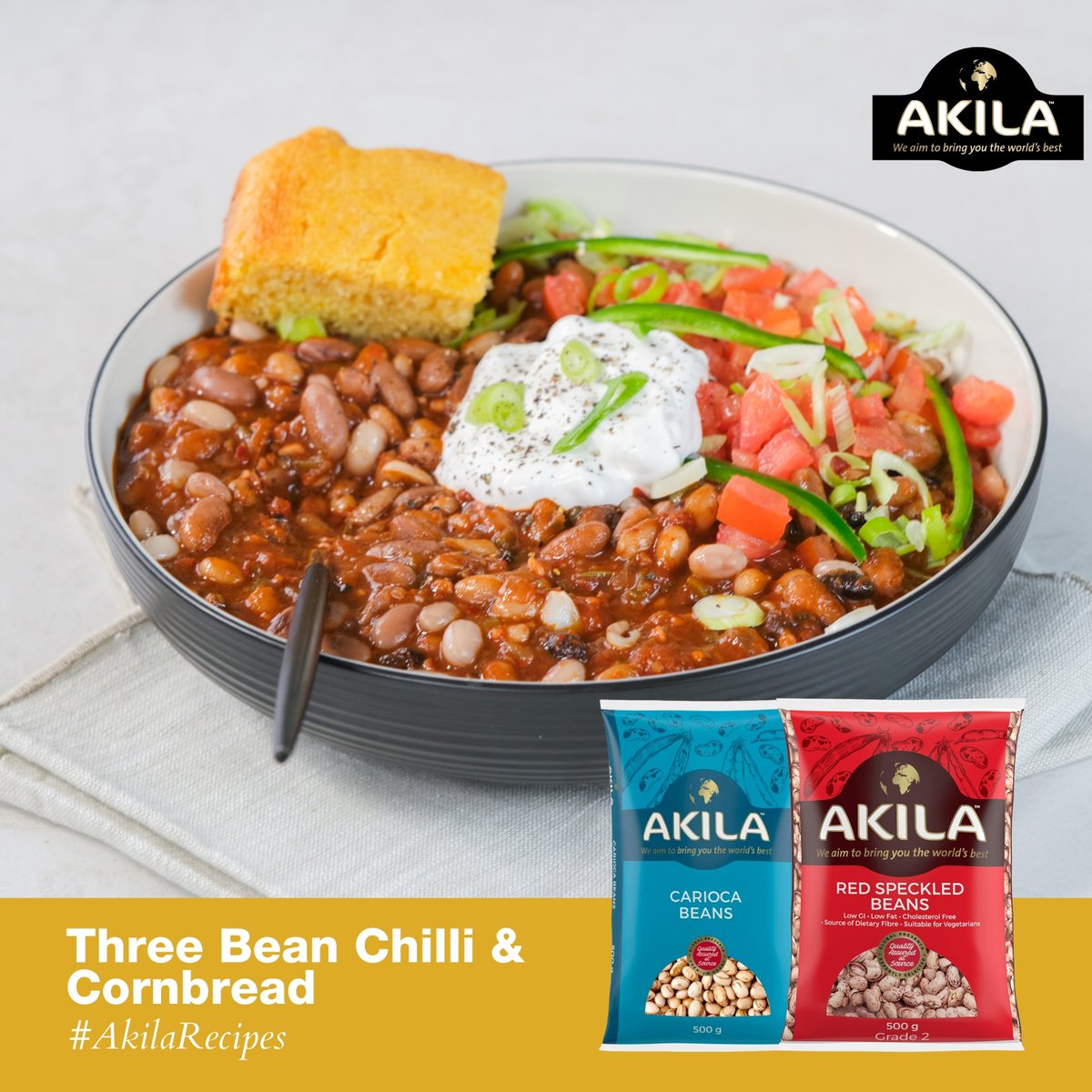 Looking for a scrumptious recipe to save for those slow summer lunches? Try this Three-Bean Chilli and Cornbread combo! 🌽🔥

#AkilaFoods #AkilaMoments #AkilaSA #AkilaFoodsSA #Foodie #Family #Recipe
