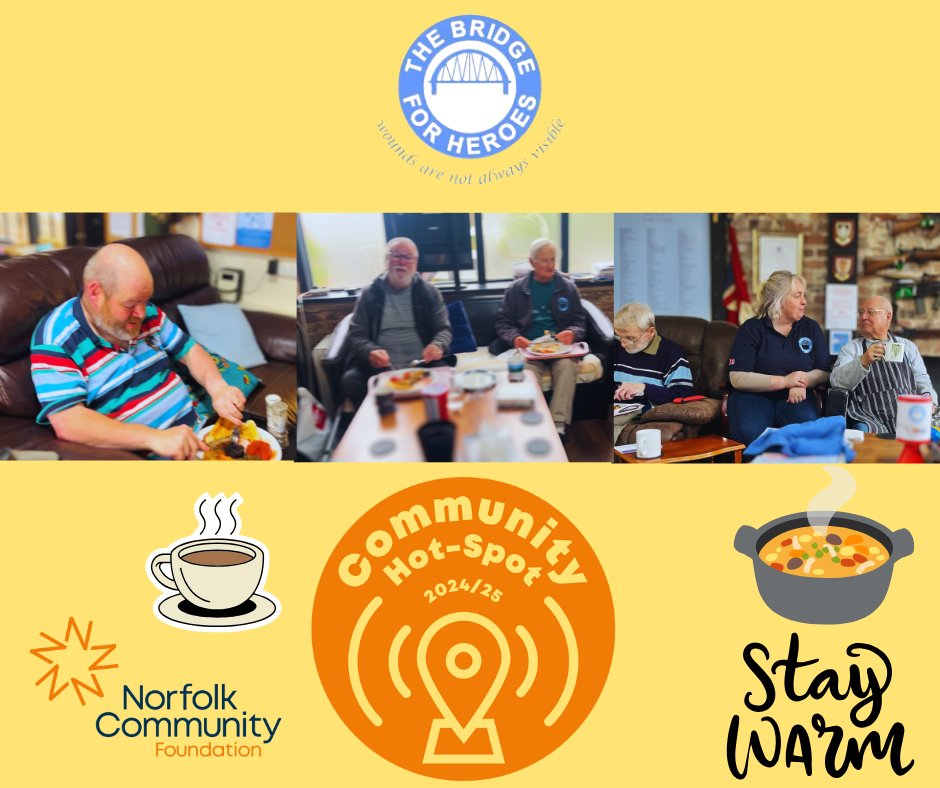 The Armed Forces Community in West Norfolk can benefit from our warm space this winter at The Bridge for Heroes. This warm space is on offer thanks to Norfolk Community Foundation , which is creating Community Hot-Spots all over the county. 

#StayWarm #warmspace #ShineBrighter
