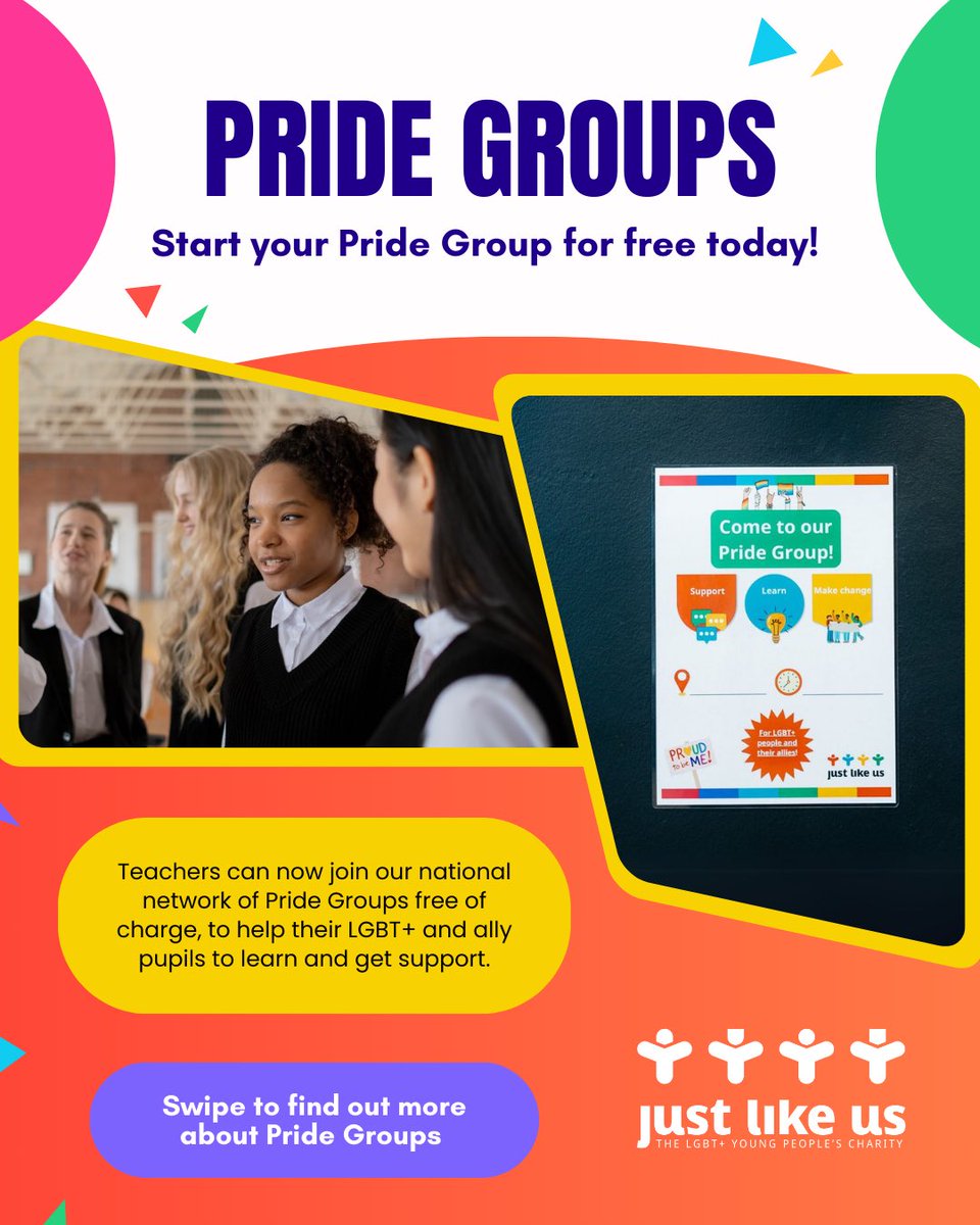 JustLikeUsUK's tweet photo. Want to make your school more inclusive?✨ Join our Pride Groups programme - completely free for teachers!

Pride Groups create safe, supportive spaces for LGBT+ and ally pupils to connect, learn, and grow🌈 https://t.co/l52gnpopsW