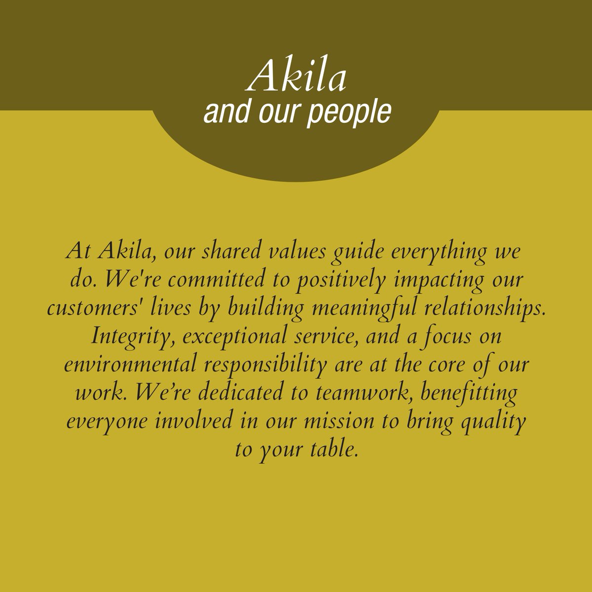 🌾 Guided by Purpose, Inspired by People 🌟

At Akila, our values are more than just words—they're the heart of everything we do. 

#AkilaFoods #GuidedByPurpose #Sustainability #CommunityFirst #QualityYouCanTrust