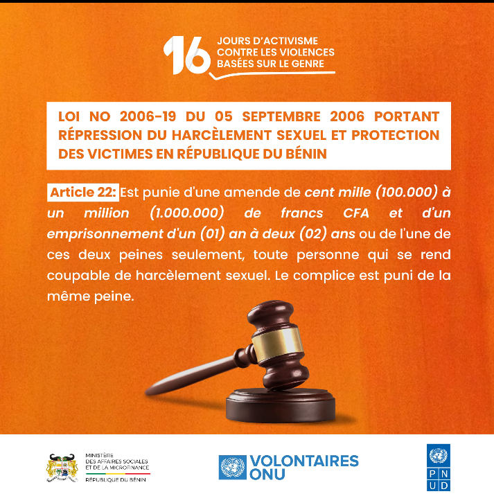 Au Bénin, les coupable et complices de violences faites aux femmes et aux filles sont punies par la loi.
#Denoncons et protégeons l’avenir.
#16Jours #PasDExcuse #VolontairesEngagés