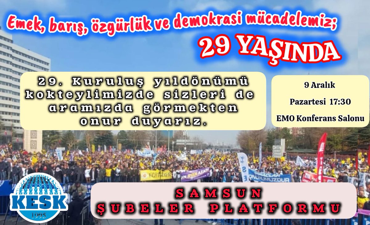 BESSamsun's tweet photo. Emek 
Barış
Özgürlük ve Demokrasi
Mücadelemiz 29 yaşında!!! 
@KESK1995 https://t.co/9HPa7iaJqu