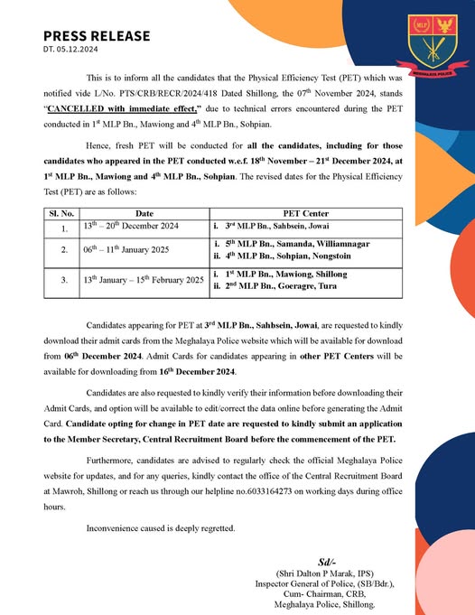 RibhoiPolice's tweet photo. 📢 Important Announcement from Meghalaya Police

The Physical Efficiency Test (PET) for police recruitment has been rescheduled. Please refer to the attached press release for updated dates and details.

Stay updated through the official Meghalaya Police website https://t.co/Q2evXp7Jtt