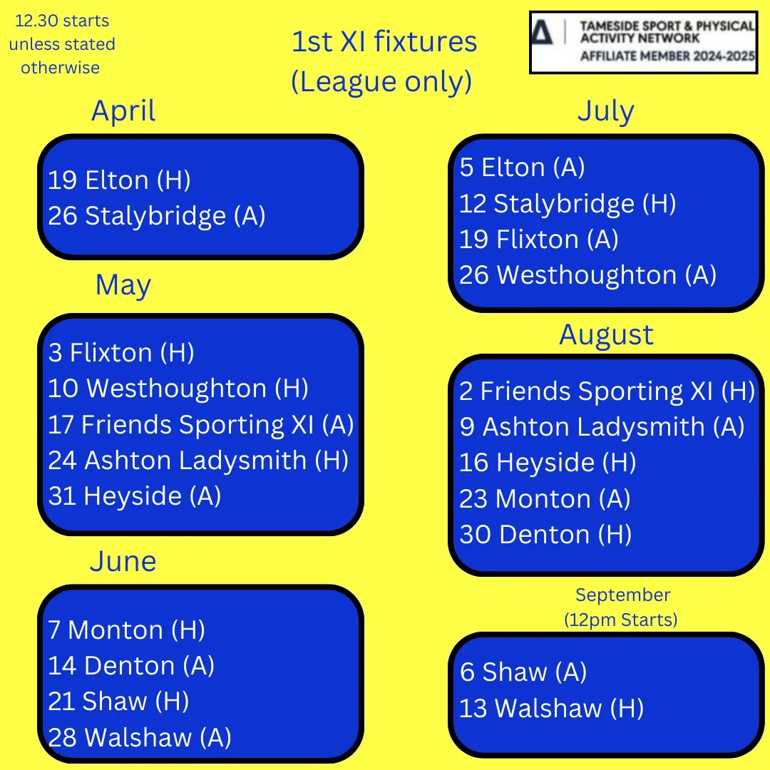 1st XI league fixtures for 2025