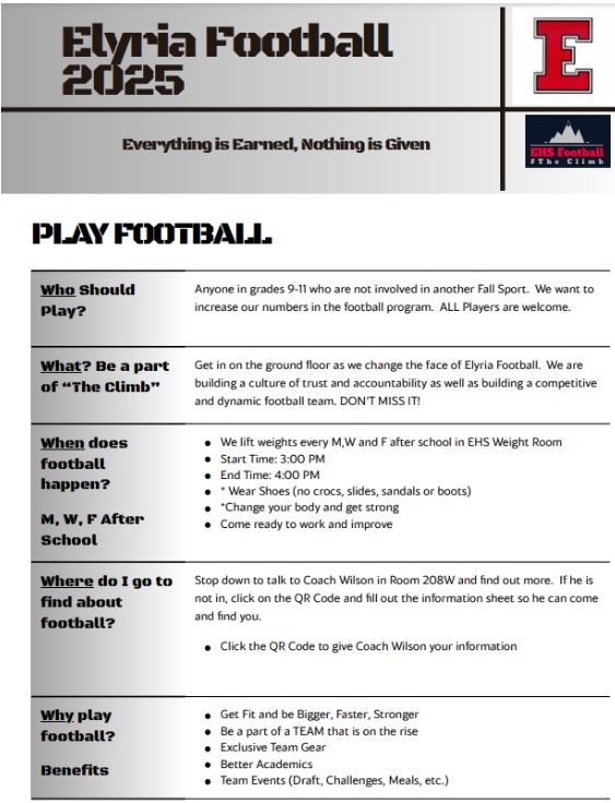 Anyone in grades 9 thru 11 who may be interested in playing <a href="/ElyriaFb/">Elyria Pioneers Football</a> in 2025 are invited to attend an informational meeting on Tuesday (12/10) immediately after school in the Auxiliary Gymnasium. If interested, please fill out this form: docs.google.com/forms/u/0/d/1I…