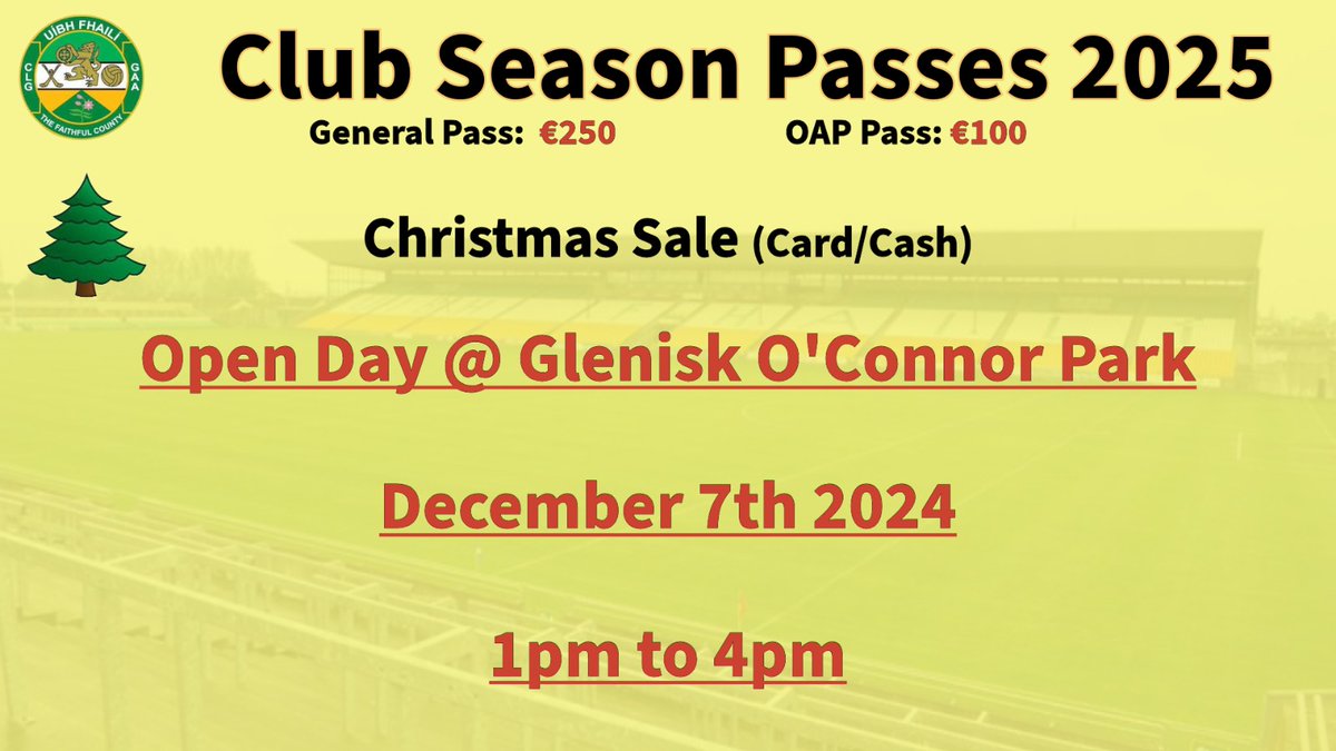 Official Offaly GAA (@offaly_gaa) on Twitter photo ๐๐๐๐ ๐พ๐ก๐ช๐ ๐๐๐๐จ๐ค๐ฃ ๐๐๐จ๐จ
All passes can be purchased by visiting our open day in Glenisk O'Connor tomorrow ๐๐๐ฉ๐ช๐ง๐๐๐ฎ ๐๐ฉ๐ ๐๐ง๐ค๐ข ๐๐ฅ๐ข
This is a great Christmas present for all!
If you can contact Carina 0879942571 in advance of calling in and she ๐๐๐๐ ๐พ๐ก๐ช๐ ๐๐๐๐จ๐ค๐ฃ ๐๐๐จ๐จ
All passes can be purchased by visiting our open day in Glenisk O'Connor tomorrow ๐๐๐ฉ๐ช๐ง๐๐๐ฎ ๐๐ฉ๐ ๐๐ง๐ค๐ข ๐๐ฅ๐ข
This is a great Christmas present for all!
If you can contact Carina 0879942571 in advance of calling in and she