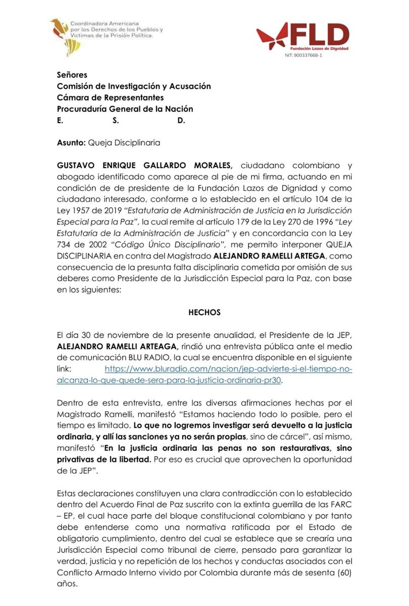 FLazosDignidad's tweet photo. #Atencion | Desde la FLD presentamos queja contra del Magistrado Alejandro Ramelli, Presidente de la @JEP_Colombia, por sus declaraciones dadas a medios de comunicación el 30 de noviembre de 2024, en las que pone en riesgo la seguridad jurídica de las personas firmantes paz🧵👇 https://t.co/8t0FoafamF