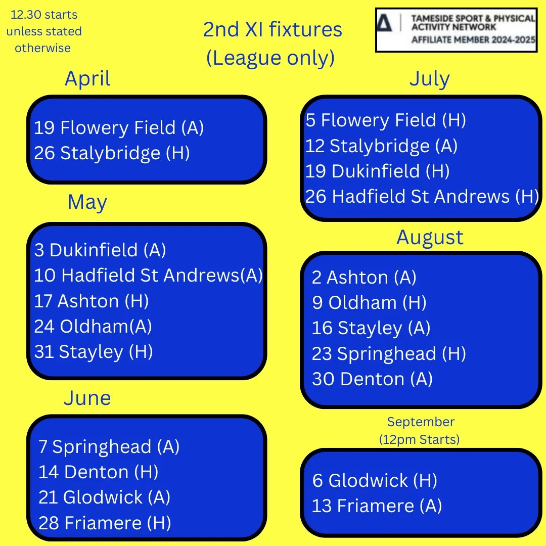 And the 2nd XI league fixtures

Cup, 3rd XI and junior fixtures will be shared upon the release of those by the GMCL