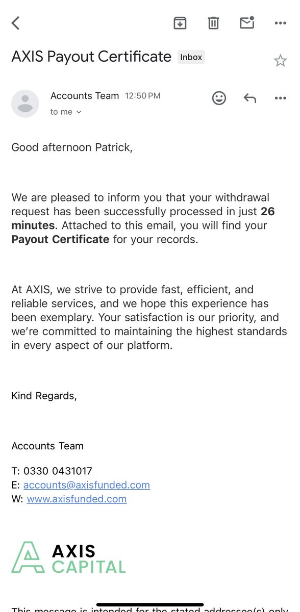 Payout from Axis processed in 26 minutes, really impressed with this firm so far! 
I wanted to complete both phases &amp; see how the payout process was before promoting Axis. 
Use the code PF10 at the checkout to get 10% off challenge plans! 

<a href="/AxisFunded/">AXIS</a>