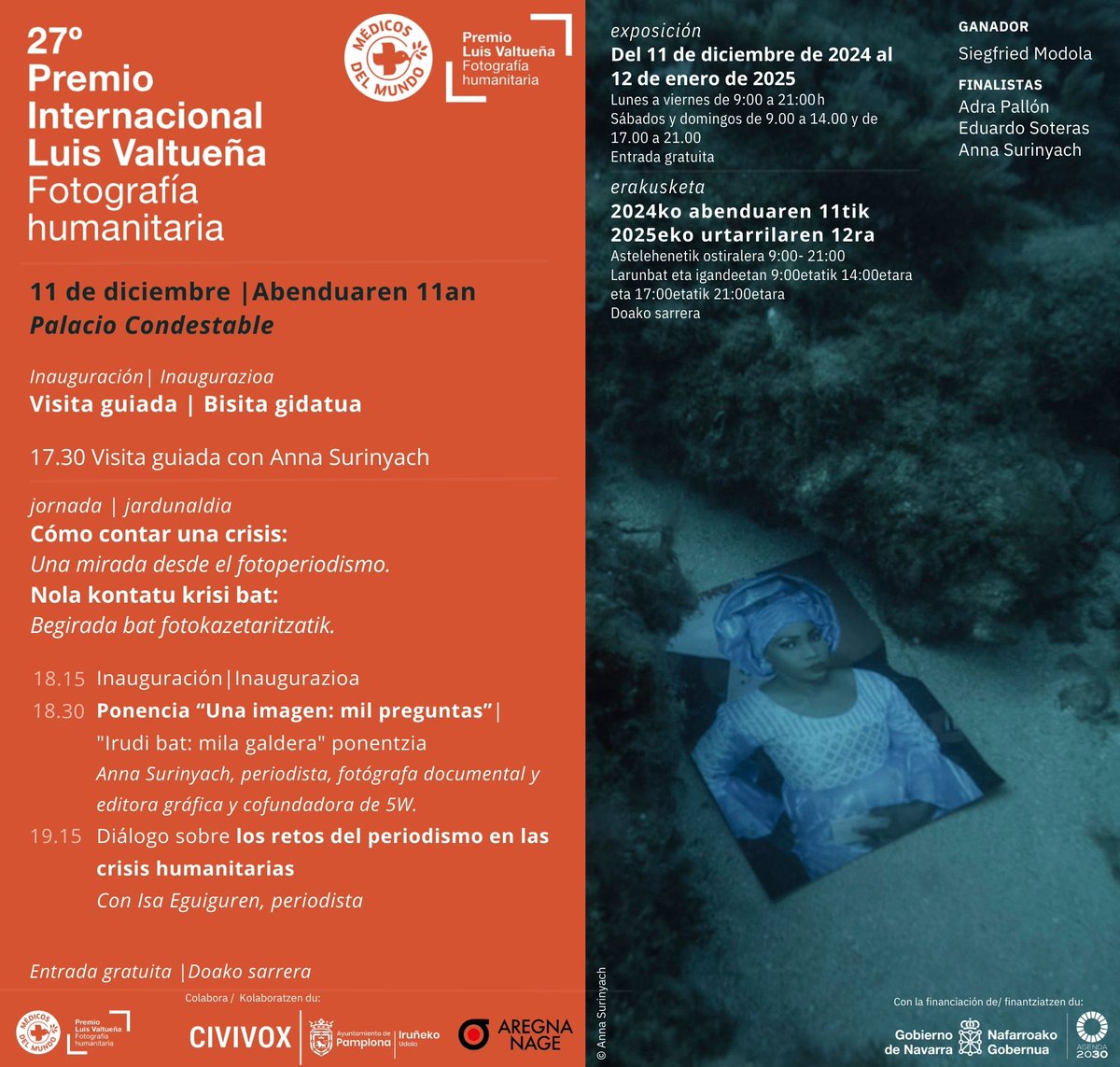 MdM_Navarra's tweet photo. 📸 Visita guiada y jornada de Fotografía Humanitaria
El 11 de diciembre te esperamos una jornada especial en el marco del 27º Premio Internacional Luis Valtueña, el más destacado en fotografía humanitaria en España.
🌟 Contaremos con la participación de Anna Surinyach https://t.co/gkMdlhfSKj