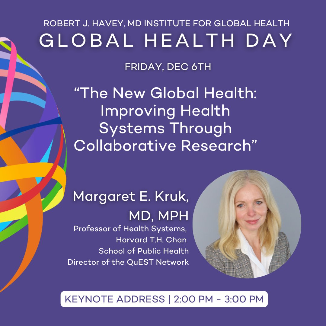 Havey Institute for Global Health (@fsmglobalhealth) on Twitter photo Global Health Day is TODAY! 🎉
📆 Fri, Dec 6
📍 Lurie Medical Research Center, 303 E Superior
With keynote "The New Global Health: Improving Health Systems Through Collaborative Research" by Margaret Kruk, MD, MPH from
<a href="/HarvardChanSPH/">Harvard T.H. Chan School of Public Health</a>
Details & RSVP: 🔗spr.ly/6011tbRJx Global Health Day is TODAY! 🎉
📆 Fri, Dec 6
📍 Lurie Medical Research Center, 303 E Superior
With keynote "The New Global Health: Improving Health Systems Through Collaborative Research" by Margaret Kruk, MD, MPH from
<a href="/HarvardChanSPH/">Harvard T.H. Chan School of Public Health</a>
Details & RSVP: 🔗spr.ly/6011tbRJx