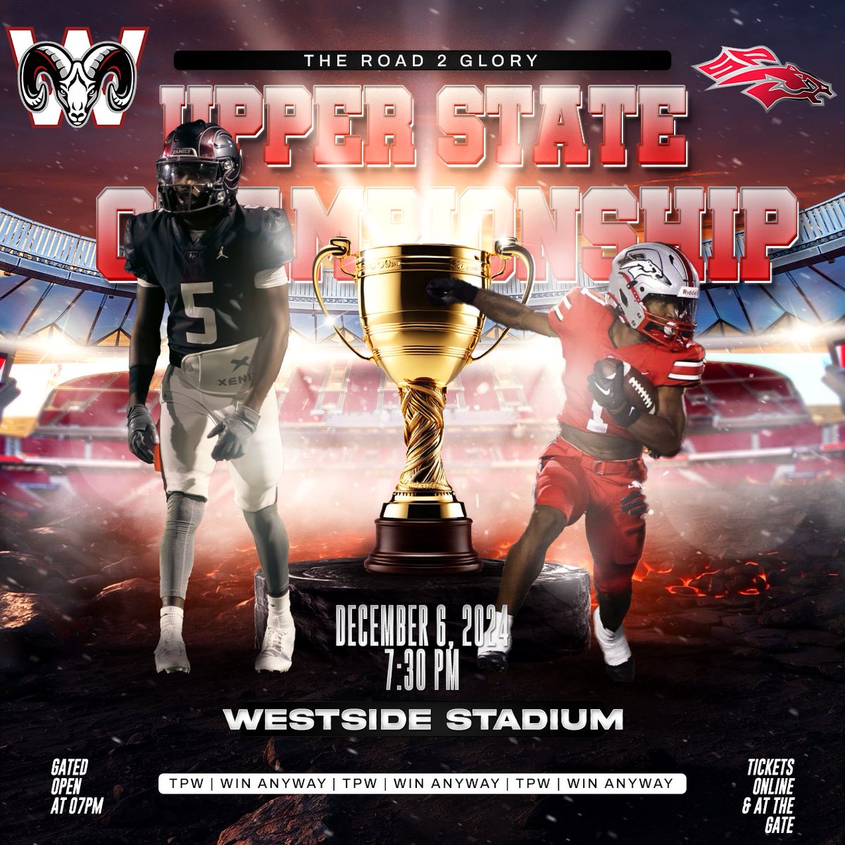 Upper State Championship Tonight 🐏🏆 FORGET THE COLD BRING THE NOISE 💥

The Road 2 Glory 👑

#westside #westsidethebestside #westsiderams #fridaynight #fridaynightlights #ESPN #football #highschoolfootball #highschoolsports #roadtoglory #playoffs #highschoolplayoffs
