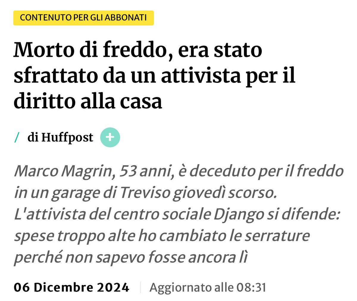 Ultimo_Samurai_'s tweet photo. Marco #Magrin morto dal freddo a #Treviso SFRATTATO DA UN ATTIVISTA PER IL DIRITTO ALLA CASA. Occupiamo le case degli altri ma guai se ci occupano la nostra vero? Vero #Salis? https://t.co/h1S2eK6uPj