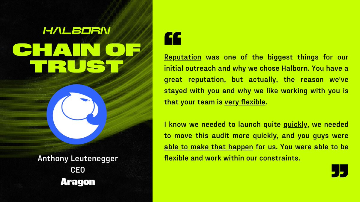 HalbornSecurity's tweet photo. Why Aragon chose Halborn:

🌟 Stellar Reputation
⚙️ Flexible Solutions
🏎️ Lightning-Fast Execution

We are proud to be @AragonProject's trusted #security partner! 🤝 #ChainofTrust https://t.co/11BA9UkeIb