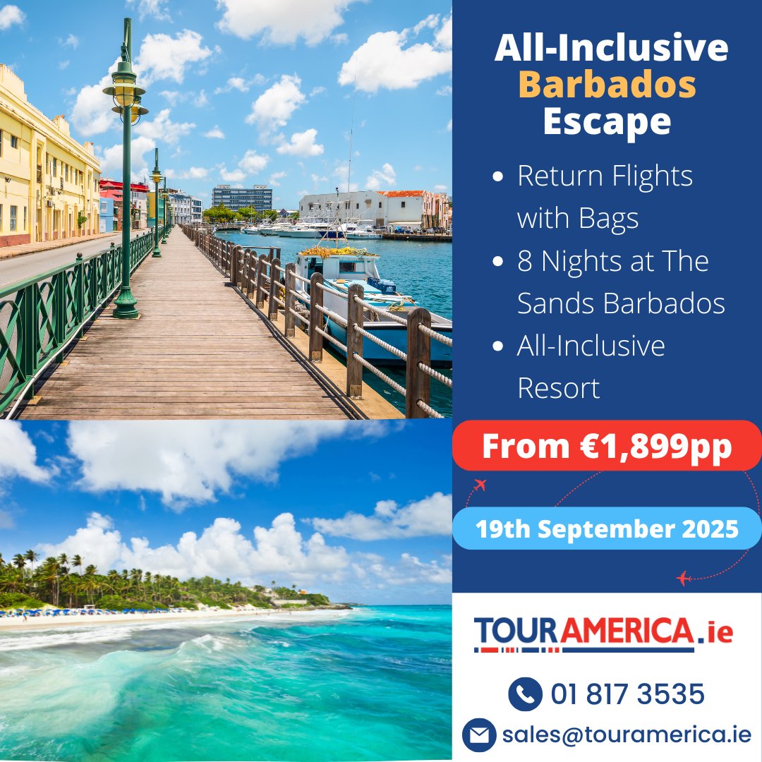 🌴8-Night All-Inclusive Barbados Escape 🌴

🗓19th September 2025
🛫 Return Flights with Bags 
🏨 8 Nights at The Sands Barbados (All-Inclusive Resort)
🍽️ Delicious Food &amp; Drinks 
💰 Based on 2 adults sharing - €1,899pp
🔑 Ref: 723660

🔗touramerica.ie/holidays-deals…