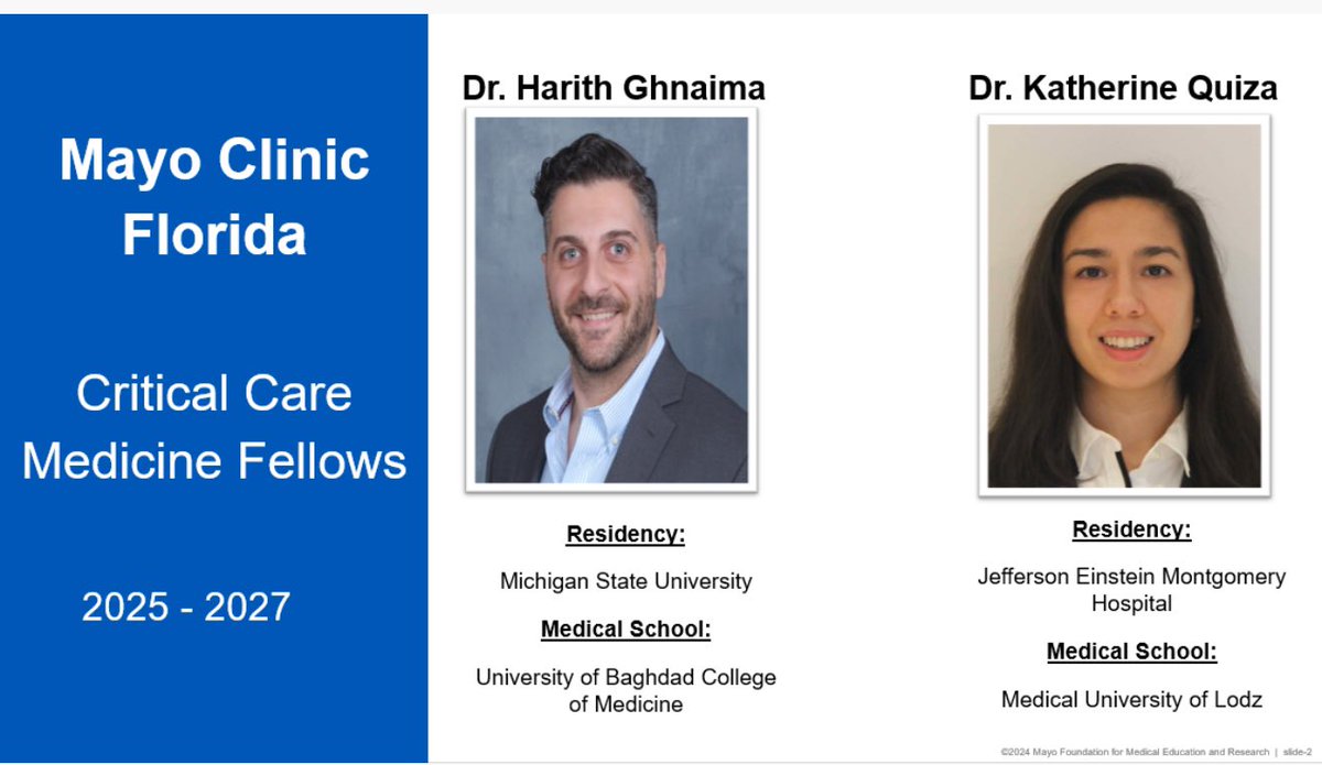 Mayo Clinic Critical Care Medicine Fellowship (@mayoclinicccm) on Twitter photo 🎉♦️Welcome to Mayo Clinic Family♦️🎉
➡️Congratulations Drs Ghnaima &Quiza💐
  
➡️ Third batch of Critical Care Medicine Fellows at the #MayoClinic Florida!
• Looking forward to ‘Amazing & Awesome’Two Years with the #C2IMP Family of #MayoClinicFL 
#FellowshipMatch2024 🎉♦️Welcome to Mayo Clinic Family♦️🎉
➡️Congratulations Drs Ghnaima &Quiza💐
  
➡️ Third batch of Critical Care Medicine Fellows at the #MayoClinic Florida!
• Looking forward to ‘Amazing & Awesome’Two Years with the #C2IMP Family of #MayoClinicFL 
#FellowshipMatch2024