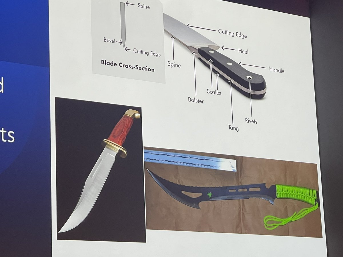 Kat Priddis (@kls_kat) on Twitter photo Anatomy of a knife
Pathology of penetrating trauma <a href="/LDN_TC/">London Trauma Conference</a>
One weapon can give rise to wounds of all sorts of morphology.
Abrasions. Hilt marks. Movement of blade.
Where things go in - and come out.
Re-create wound tracks with fancy software.
Defensive injuries. Anatomy of a knife
Pathology of penetrating trauma <a href="/LDN_TC/">London Trauma Conference</a>
One weapon can give rise to wounds of all sorts of morphology.
Abrasions. Hilt marks. Movement of blade.
Where things go in - and come out.
Re-create wound tracks with fancy software.
Defensive injuries.