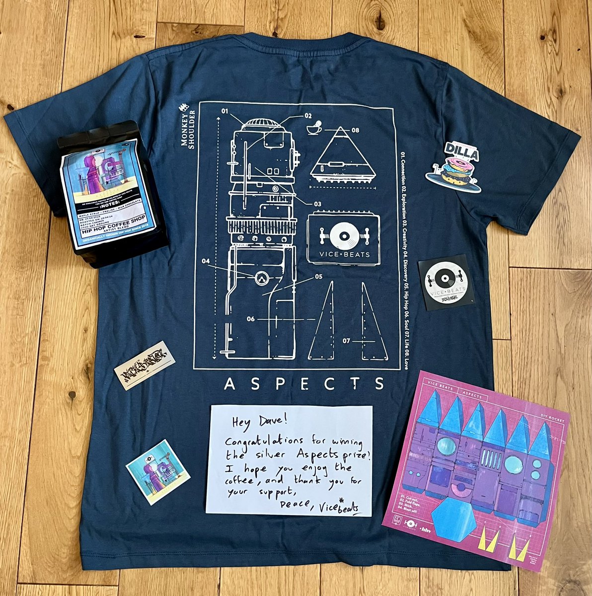 DJDS79743329's tweet photo. Big up to my man, #ViceBeats, who had a competition, based around his incredible Aspects album and I won the silver prize (or is that Da Silva prize..Sorry 🤣). This was
It contained a T, stickers, #bandcamp code, a DIY rocket & a pack of Aspects coffee!!! Day officially made!! https://t.co/77bO0PWxSz