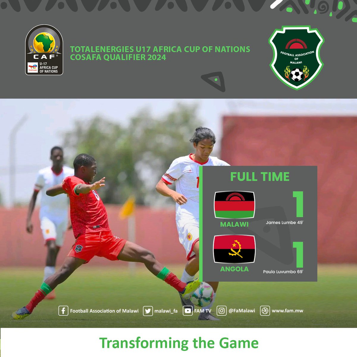 FaMalawi's tweet photo. #TotalEnergies
#CAFU17Qualifiers
#MLWANG
FULL TIME
A second draw for the Junior Flames in the campaign.
Malawi 1(James Lumbe 49') -1 Angola (Paulo Luvumbo 69') https://t.co/Tbeybkjwjp