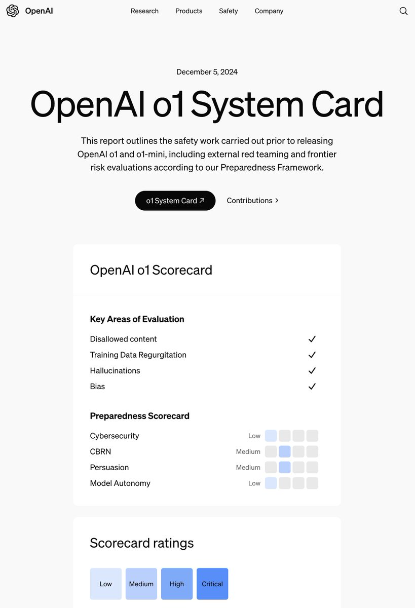canademica's tweet photo. OpenAI o1 System Card
This report outlines the safety work carried out prior to releasing @OpenAI #o1 and #o1mini, including external red teaming and frontier risk evaluations according to our Preparedness Framework.
https://t.co/x2KngSZi7g https://t.co/QpwnKSw9ir