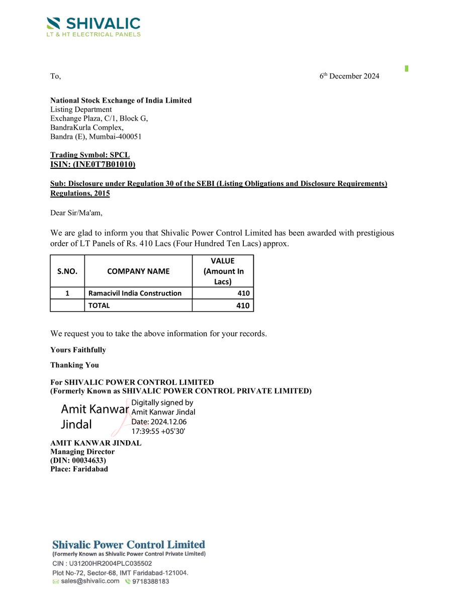 nileshkurhade's tweet image. 📌 Shivalic Power Control Ltd informed the exchange about receiving a prestigious order valued at ₹410 Lacs for LT Panels from Ramacivil India Construction. The project is expected to be completed by mid-March 2025. #SME #SPCL ⚡📊