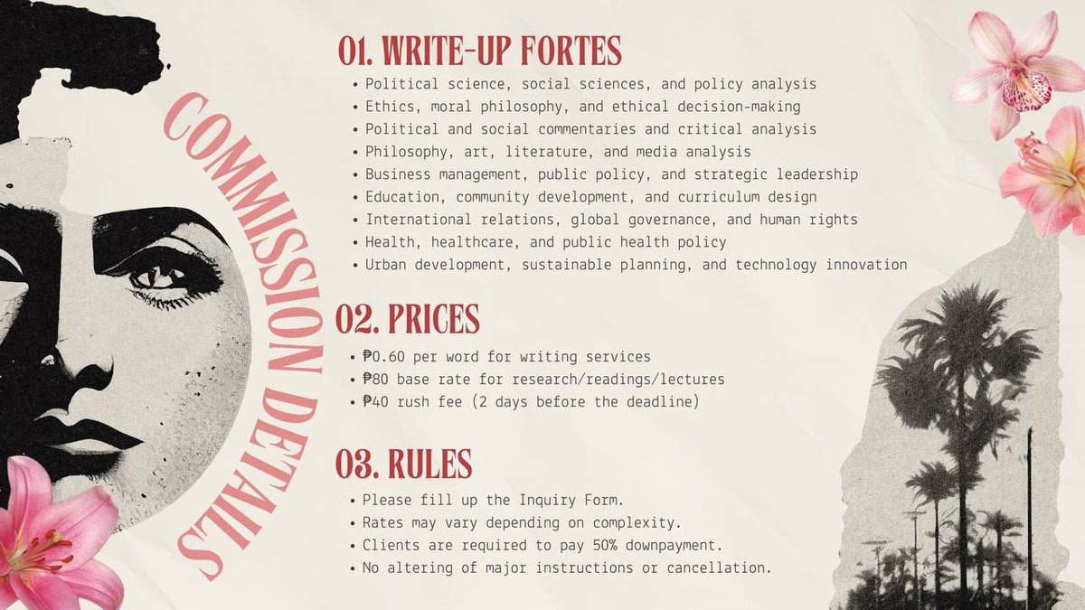 willow_comms's tweet photo. Hi! 👋🏼 I'm 𝑾𝒊𝒍𝒍𝒐𝒘, a MA PolSci magna cum laude graduate and acad commissioner! 🎀✨

My fortes are analytical papers on politics, ethics, business, philosophy, art, and literature! 🌷 I've accomplished 1,500+ comms and I'm ready for more! 

DM me now! 💌
#WinsWithWillow https://t.co/zmeqo7C1Kr