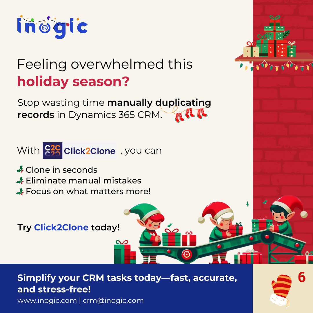 inogic's tweet image. #AdventWithInogic #advent #day6

✨Effortlessly clone #D365CRM records, including custom entities &amp;amp; child records. Save time, reduce repetitive tasks, and focus on the festive cheer! 🎁🎉
#CRMCloning #DataAutomation