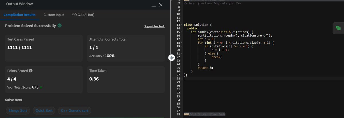 HarishMoha4910's tweet photo. "Day 21/160: Solved the 'Find H-Index' problem today! 📊 Diving into citation metrics and sorting logic. Progress feels great! 💻
#gfg160 #gfgstreaks2024  #CodingChallenge #LearnToCode #TechCommunity #DataStructures #AlgorithmPractice  #ProblemSolving #GeeksForGeeks https://t.co/sb6kYIbKoc