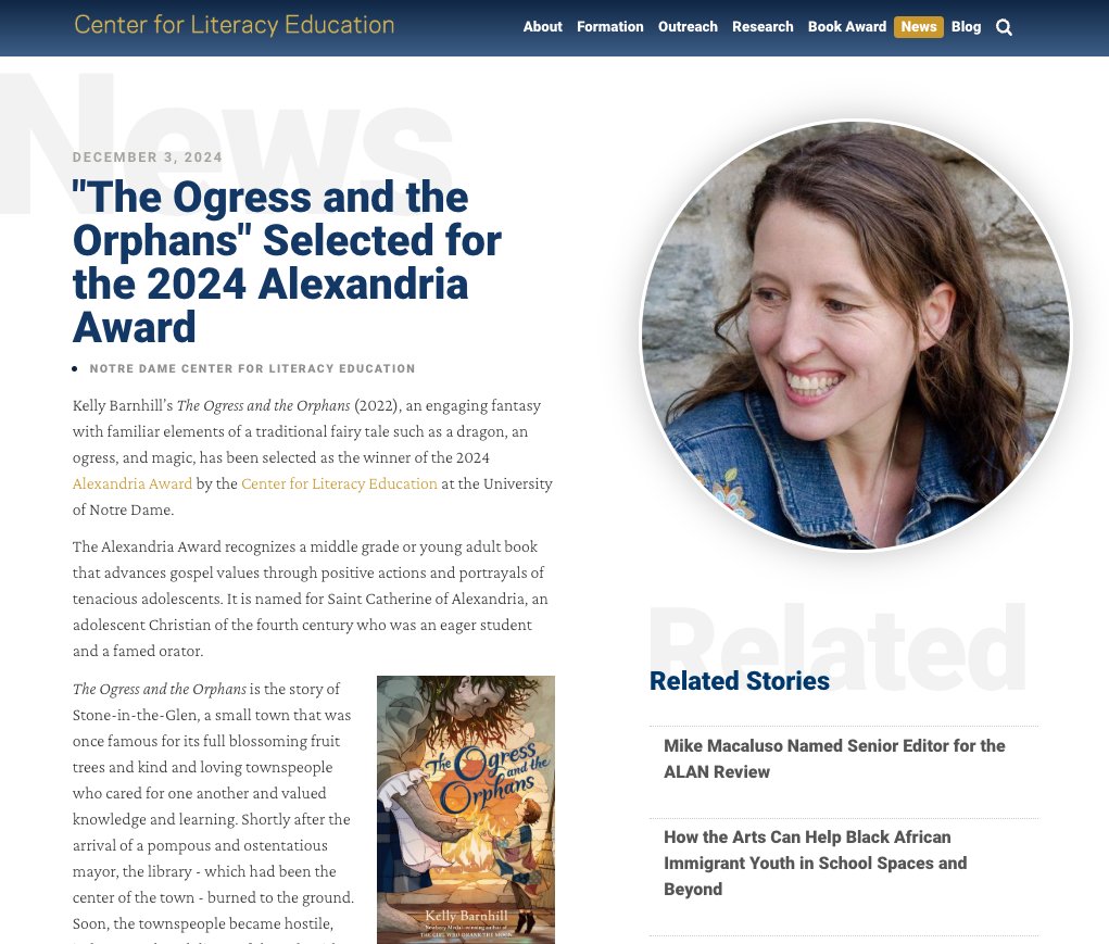 Notre Dame Center for Literacy Education (@cleatnd) on Twitter photo Barnhill's "The Ogress and the Orphans" wins 2024 Center for Literacy Education Alexandria Book Award. Read news story, see interview with Barnhill, order free copies & download curriculum supplement: iei.nd.edu/alexandria <a href="/ACEatND/">ACE at ND</a> <a href="/ieiatnd/">IEIatND</a> <a href="/macattackmike1/">Michael Macaluso</a> <a href="/KellyBarnhill6/">Kelly Barnhill</a> Barnhill's "The Ogress and the Orphans" wins 2024 Center for Literacy Education Alexandria Book Award. Read news story, see interview with Barnhill, order free copies & download curriculum supplement: iei.nd.edu/alexandria <a href="/ACEatND/">ACE at ND</a> <a href="/ieiatnd/">IEIatND</a> <a href="/macattackmike1/">Michael Macaluso</a> <a href="/KellyBarnhill6/">Kelly Barnhill</a>