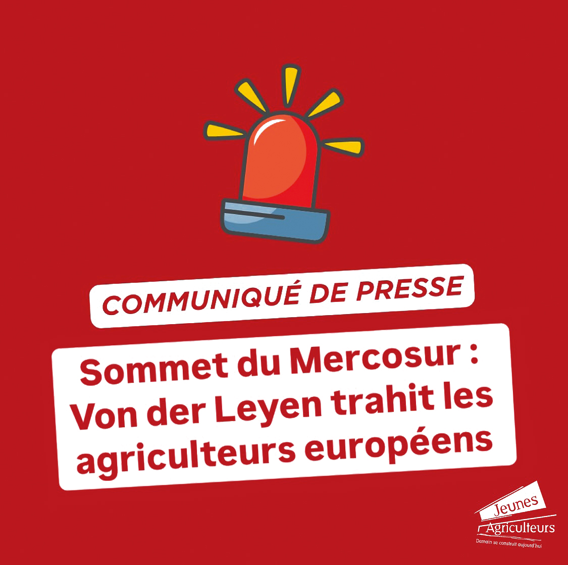 JeunesAgri's tweet photo. 🗞️🚨[#CP]🚨🗞️ Sommet du Mercosur : Ursula Von der Leyen trahit les agriculteurs européens. Notre communiqué avec la @FNSEA 👇

https://t.co/eMroKlIOPO https://t.co/oztNJbC3uR