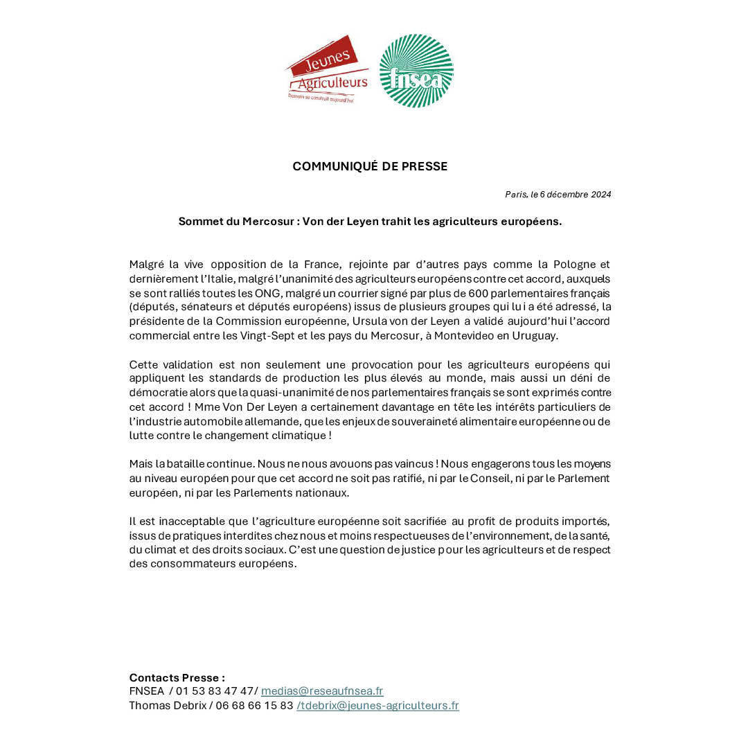 🗞️🚨[#CP]🚨🗞️ Sommet du Mercosur : Ursula Von der Leyen trahit les agriculteurs européens. Notre communiqué avec la <a href="/FNSEA/">La FNSEA</a> 👇

jeunes-agriculteurs.fr/wp-content/upl…