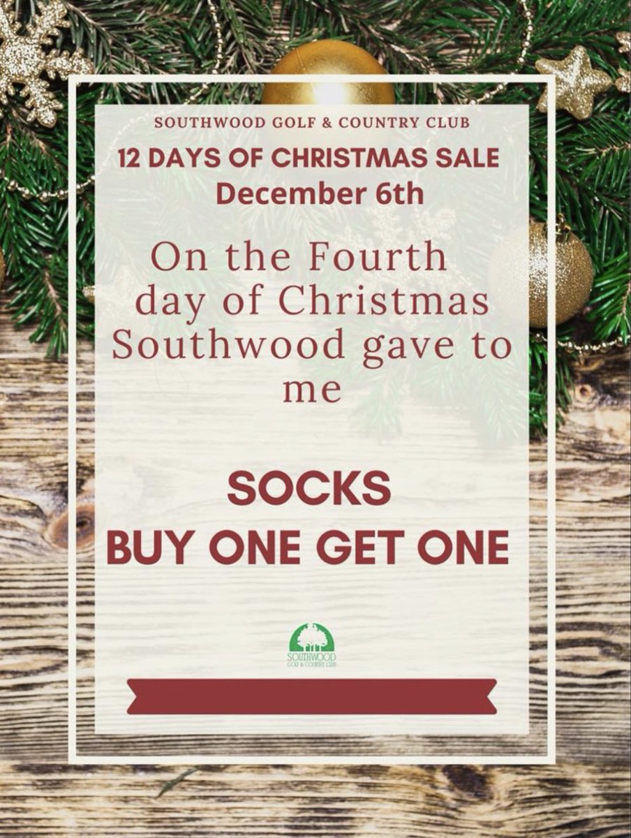 🎶 On the fourth day of Christmas Southwood gave to me… 🎵 
All socks buy one get one free! 🧦 🧦 🎁 🎄 
A great stocking stuffer, or a chance to refresh your sock drawer. The shop is open 9-5 today for pick up, or call in to have items put aside for you.
#12DaysOfChristmasSale