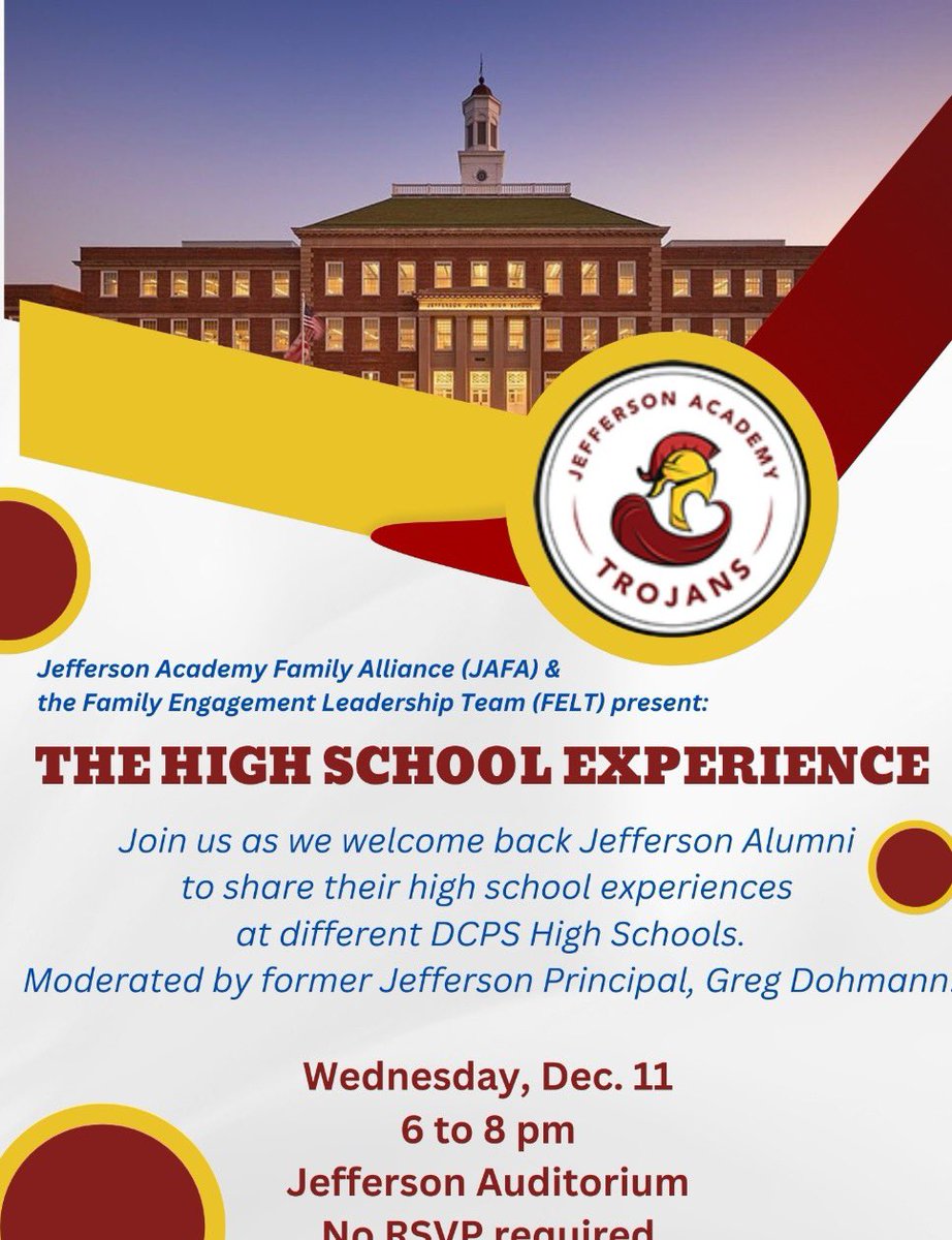 JATrojans's tweet photo. Join us for the JA High School Experience to hear from All-Star Jefferson Trojan Alumni!

Moderated by Mr. Greg Dohmann, Senior Director of Graduation Success Initiatives at DCPS and Jefferson Legend https://t.co/al6me2iHDH