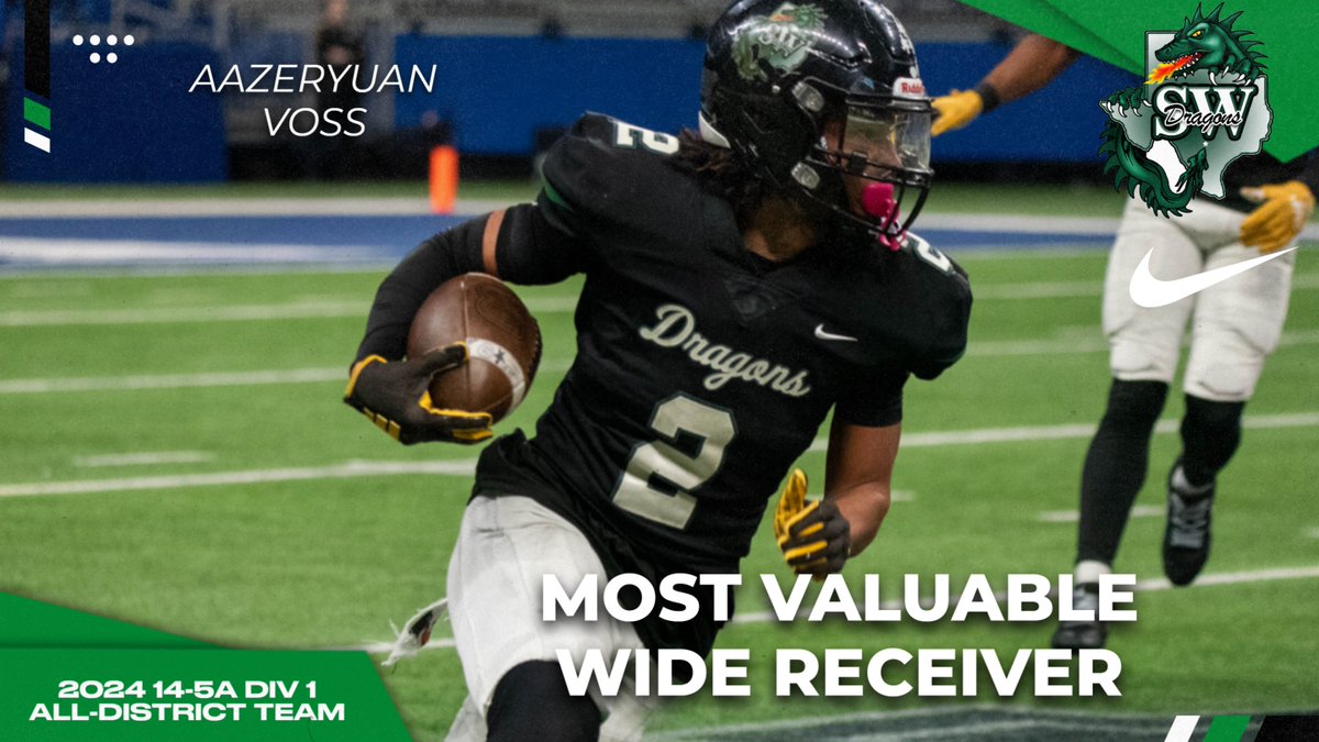 2024 14-5A Division 1 All-District Team Most Valuable Wide Receiver is <a href="/AazeryuanVoss11/">Aazeryuan “Z” Voss</a> . Z was a 3-year letterman for the Dragons and one of the greatest players to lace them up for the Dragons. Congratulations Z on a great season and a great career for the Dragons! #AAAO
