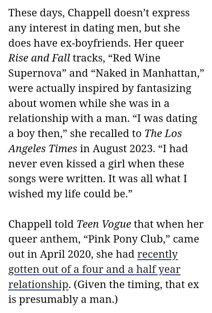 torninavashell's tweet image. I can tell as a somewhat of a lesbian since I am 9, that @ChappellRoan is clearly queer-baiting  and has never dated a girl. I haven't either, but I know a straight woman when I see her.

How come you're always followed by paps but they've never caught you with your so-called gf?