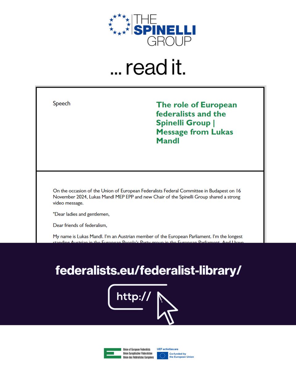 The Spinelli Group (@spinelligroup) on Twitter photo "The connection between the Spinelli Group in the European Parliament and UEF Europe is crucial, we are only strong together."
The words of <a href="/lukasmandl/">Lukas Mandl</a> in a video message to the <a href="/federalists/">European Federalists</a> on the occasion of the Federal Committee in November.
👉bit.ly/messageLukasMa… "The connection between the Spinelli Group in the European Parliament and UEF Europe is crucial, we are only strong together."
The words of <a href="/lukasmandl/">Lukas Mandl</a> in a video message to the <a href="/federalists/">European Federalists</a> on the occasion of the Federal Committee in November.
👉bit.ly/messageLukasMa…